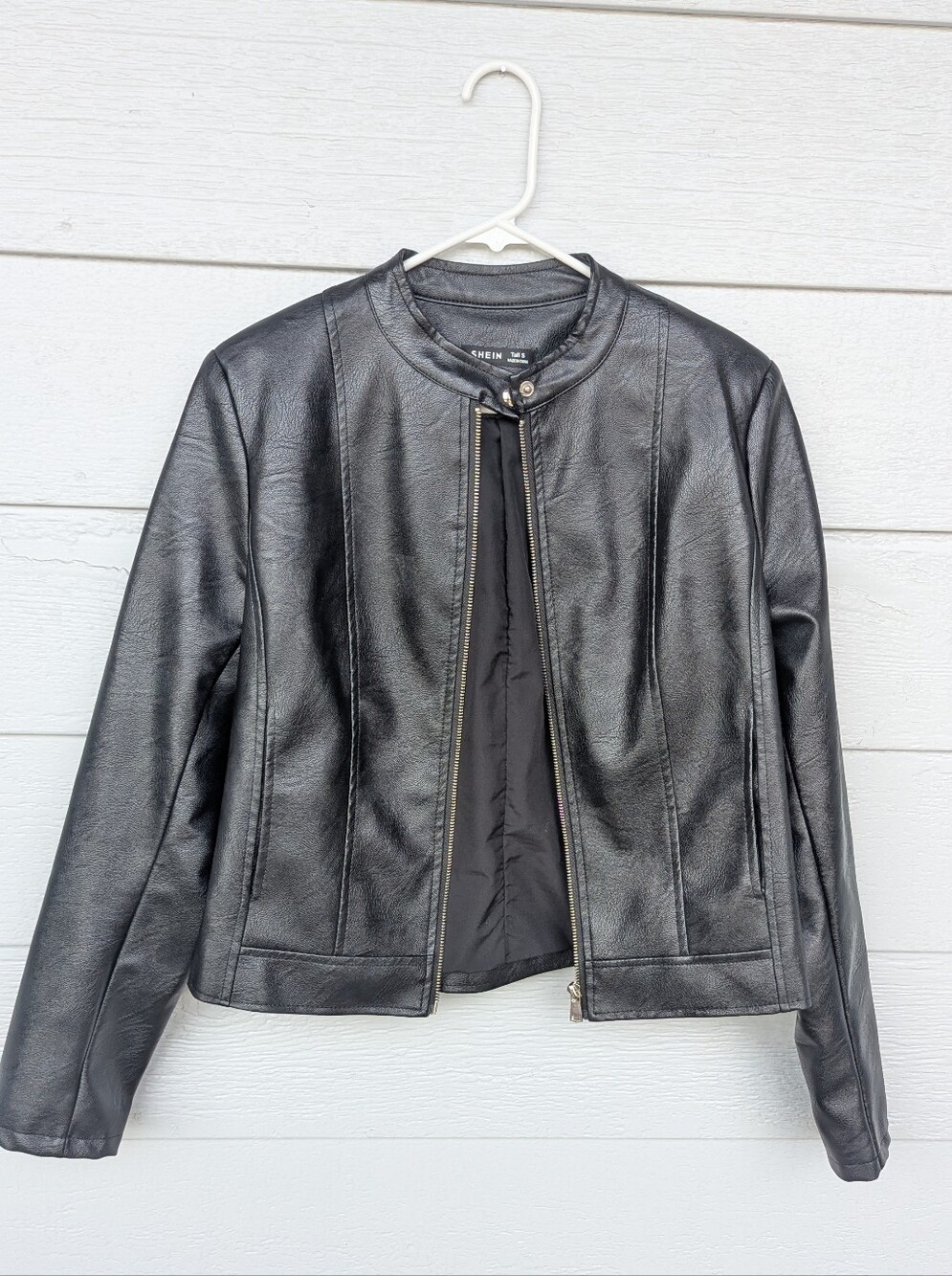 SHEIN Black Faux Leather Collarless Zip Jacket
